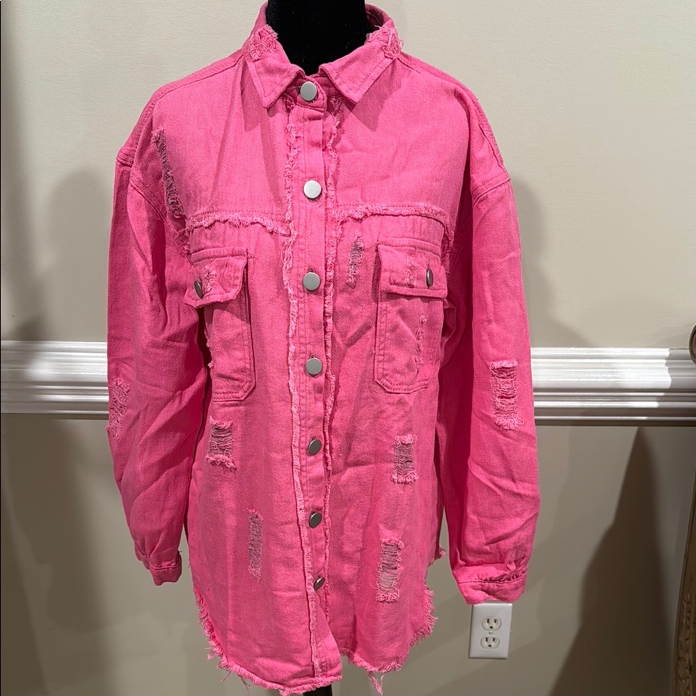 Pink Distressed Denim Jacket